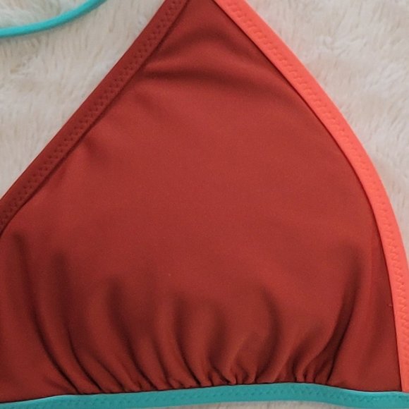 WOMENS BIKINI TOP BROWN WITH ORANGE AND LIGHT BLUE ACCENTS - Picture 2 of 4